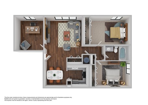 Floor plan for 2 beds, 1 bath, 900 sqft